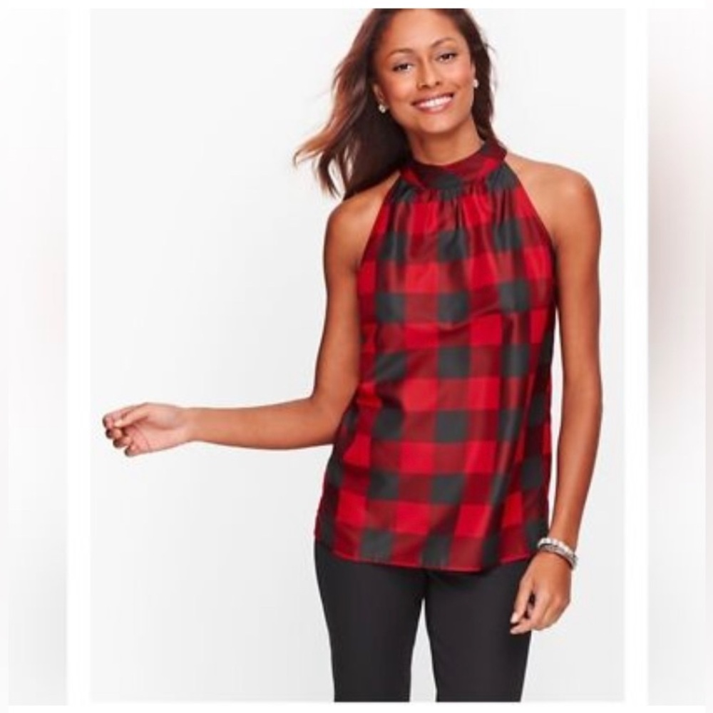 Talbots Red and black taffeta Buffalo Plaid Top with bow at back neck size 2P